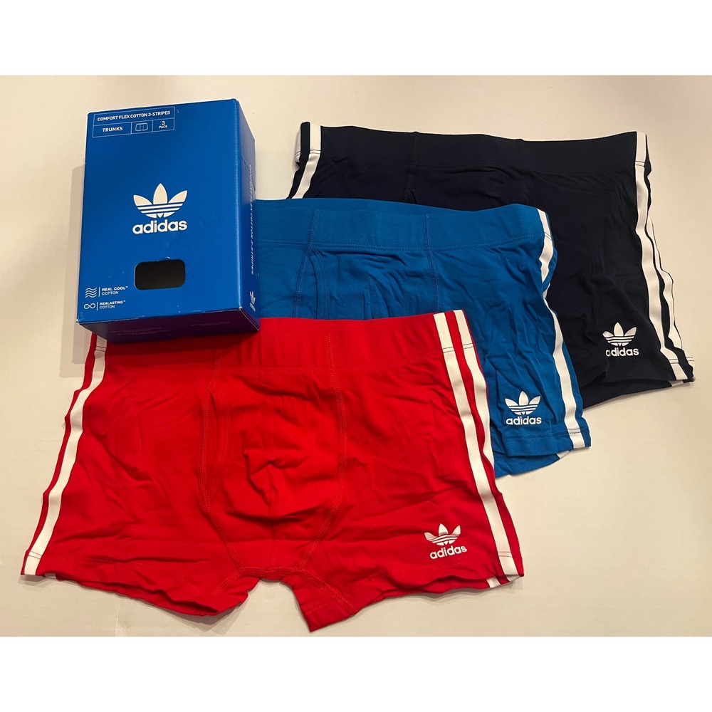 Adidas Originals Mens 3 Pack Comfort Flex Cotton 3-Stripes Trunks Small Red Blue
